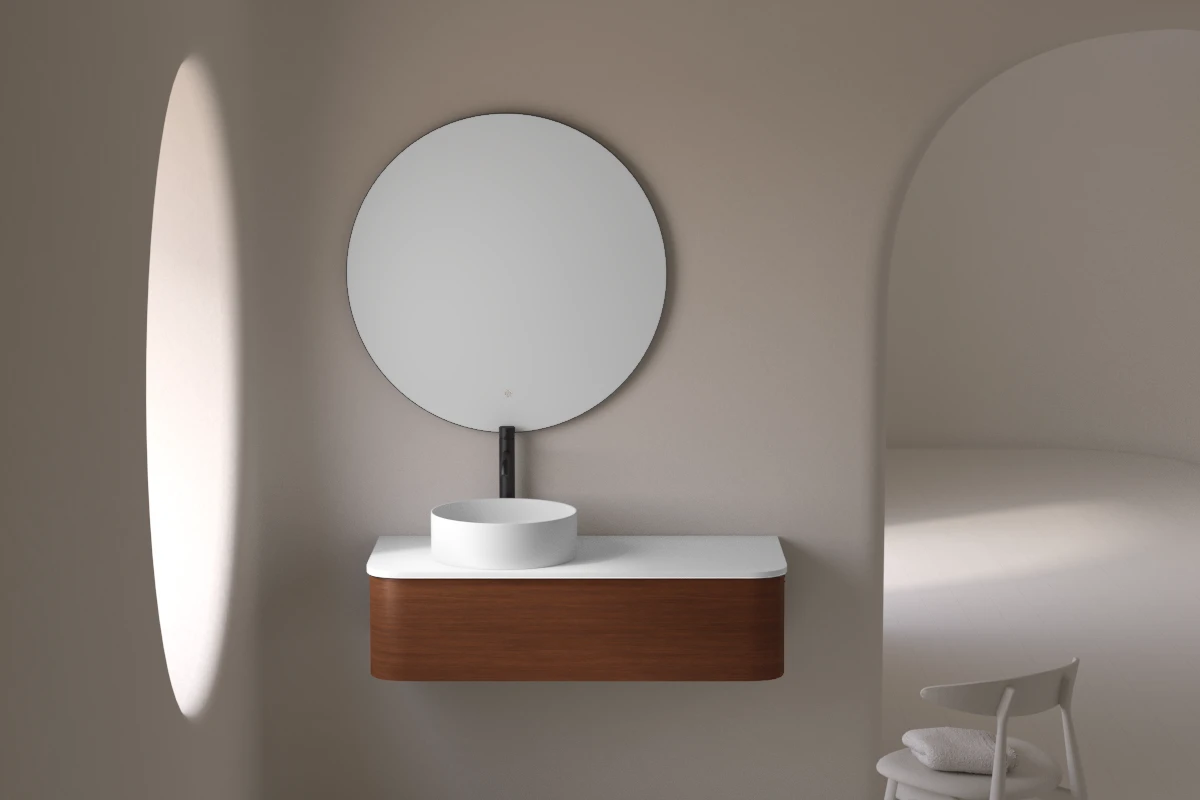 Meuble suspendu 100 cm, placage noyer naturel avec plan en résine minérale blanc mat, Layla